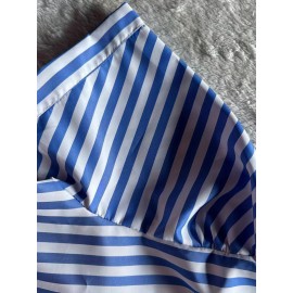 Striped Short Sleeve Casual Sports Dress, Button Non-Stretch  Summer Dress For Women, Women's Clothing Striped Short Sleeve Casual Sports Dress, Button Non-Stretch  Summer Dress For Women, Women's Clothing