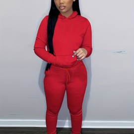 Solid Color Hooded Long-sleeved Tops And Pants, Outdoor Sports Running Set, Women's Activewear Solid Color Hooded Long-sleeved Tops And Pants, Outdoor Sports Running Set, Women's Activewear