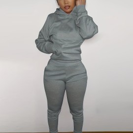 Solid Color Hooded Long-sleeved Tops And Pants, Outdoor Sports Running Set, Women's Activewear Solid Color Hooded Long-sleeved Tops And Pants, Outdoor Sports Running Set, Women's Activewear