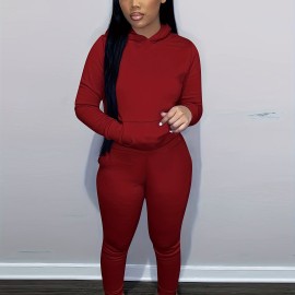 Solid Color Hooded Long-sleeved Tops And Pants, Outdoor Sports Running Set, Women's Activewear Solid Color Hooded Long-sleeved Tops And Pants, Outdoor Sports Running Set, Women's Activewear