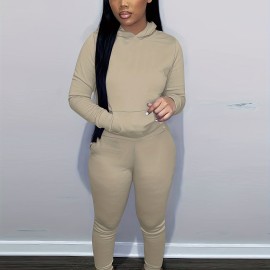 Solid Color Hooded Long-sleeved Tops And Pants, Outdoor Sports Running Set, Women's Activewear Solid Color Hooded Long-sleeved Tops And Pants, Outdoor Sports Running Set, Women's Activewear