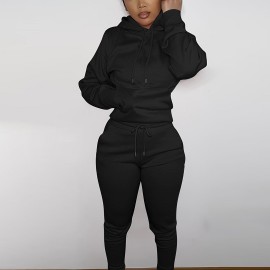 Solid Color Hooded Long-sleeved Tops And Pants, Outdoor Sports Running Set, Women's Activewear Solid Color Hooded Long-sleeved Tops And Pants, Outdoor Sports Running Set, Women's Activewear