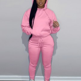 Solid Color Hooded Long-sleeved Tops And Pants, Outdoor Sports Running Set, Women's Activewear Solid Color Hooded Long-sleeved Tops And Pants, Outdoor Sports Running Set, Women's Activewear