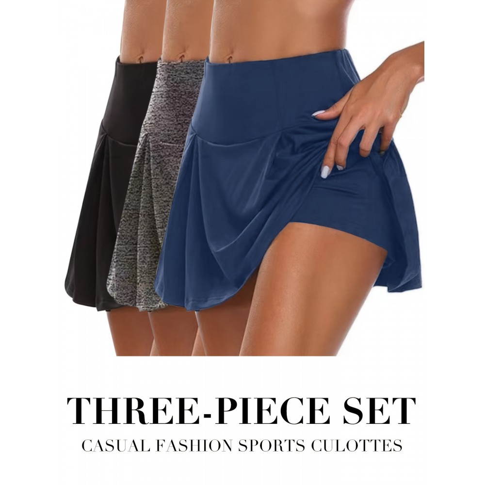 3Pcs 2 In 1 Casual Sports Skorts, Solid Color Mid-Stretch Sporty Shorts, Women's Activewear 3Pcs 2 In 1 Casual Sports Skorts, Solid Color Mid-Stretch Sporty Shorts, Women's Activewear