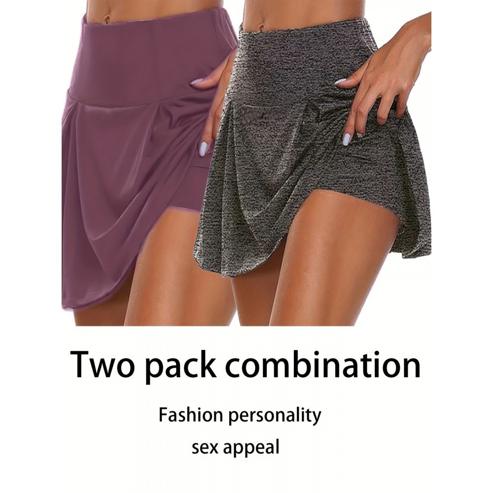 2pcs 2-in-1 Sports Short Skirts For Running Golf Tennis, Fashion Elastic Waist Active Skorts, Women's Activewear 2pcs 2-in-1 Sports Short Skirts For Running Golf Tennis, Fashion Elastic Waist Active Skorts, Women's Activewear