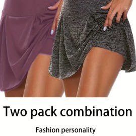 2pcs 2-in-1 Sports Short Skirts For Running Golf Tennis, Fashion Elastic Waist Active Skorts, Women's Activewear 2pcs 2-in-1 Sports Short Skirts For Running Golf Tennis, Fashion Elastic Waist Active Skorts, Women's Activewear