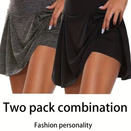 2pcs 2-in-1 Sports Short Skirts For Running Golf Tennis, Fashion Elastic Waist Active Skorts, Women's Activewear 2pcs 2-in-1 Sports Short Skirts For Running Golf Tennis, Fashion Elastic Waist Active Skorts, Women's Activewear