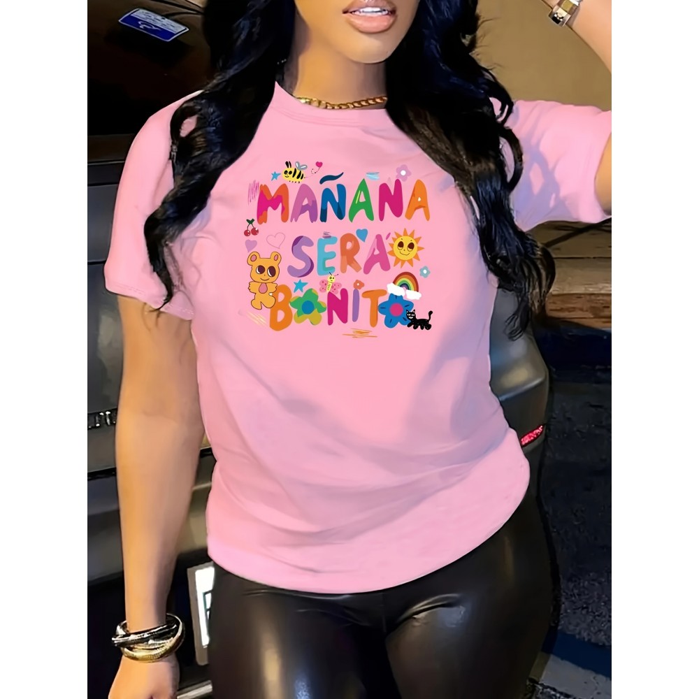 Cartoon & Letter Casual T-Shirt, Crew Neck Short Sleeves Slight Stretch Sports Tee, Women's Activewear Cartoon & Letter Casual T-Shirt, Crew Neck Short Sleeves Slight Stretch Sports Tee, Women's Activewear