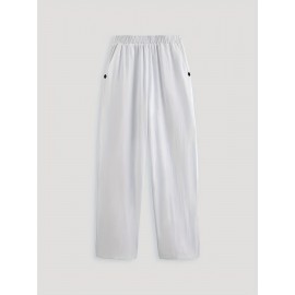 Elastic Waist Solid Color Casual Pants, Loose Sports Pants With Pocket, Women's Athleisure Elastic Waist Solid Color Casual Pants, Loose Sports Pants With Pocket, Women's Athleisure