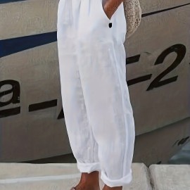 Elastic Waist Solid Color Casual Pants, Loose Sports Pants With Pocket, Women's Athleisure Elastic Waist Solid Color Casual Pants, Loose Sports Pants With Pocket, Women's Athleisure