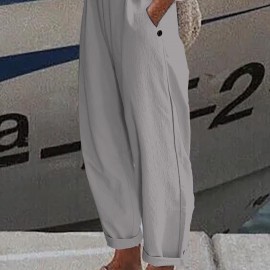 Elastic Waist Solid Color Casual Pants, Loose Sports Pants With Pocket, Women's Athleisure Elastic Waist Solid Color Casual Pants, Loose Sports Pants With Pocket, Women's Athleisure