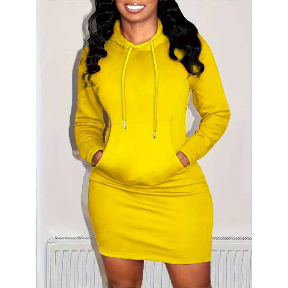 Plain Kangaroo Pocket Sporty Dress, Long Sleeves Slight Stretch Hooded Sports Dress, Women's Activewear Plain Kangaroo Pocket Sporty Dress, Long Sleeves Slight Stretch Hooded Sports Dress, Women's Activewear