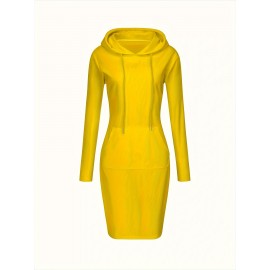 Plain Kangaroo Pocket Sporty Dress, Long Sleeves Slight Stretch Hooded Sports Dress, Women's Activewear Plain Kangaroo Pocket Sporty Dress, Long Sleeves Slight Stretch Hooded Sports Dress, Women's Activewear