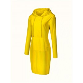 Plain Kangaroo Pocket Sporty Dress, Long Sleeves Slight Stretch Hooded Sports Dress, Women's Activewear Plain Kangaroo Pocket Sporty Dress, Long Sleeves Slight Stretch Hooded Sports Dress, Women's Activewear