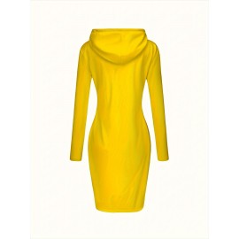 Plain Kangaroo Pocket Sporty Dress, Long Sleeves Slight Stretch Hooded Sports Dress, Women's Activewear Plain Kangaroo Pocket Sporty Dress, Long Sleeves Slight Stretch Hooded Sports Dress, Women's Activewear