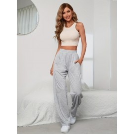 Elastic Waist Casual Sporty Pants, Loose Fit Slant Pockets Sports Trousers, Women's Activewear Elastic Waist Casual Sporty Pants, Loose Fit Slant Pockets Sports Trousers, Women's Activewear