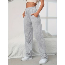 Elastic Waist Casual Sporty Pants, Loose Fit Slant Pockets Sports Trousers, Women's Activewear Elastic Waist Casual Sporty Pants, Loose Fit Slant Pockets Sports Trousers, Women's Activewear