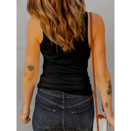 Women's Fashion Casual Simple Ribbed Sports Tank Top,  Round Neck Solid Color Sleeveless Sports Shirts, Women's Summer Tops Women's Fashion Casual Simple Ribbed Sports Tank Top,  Round Neck Solid Color Sleeveless Sports Shirts, Women's Summer Tops
