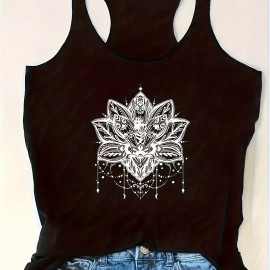 Lotus Graphic Casual Sports Tank Top, Crew Neck Sleeveless Shirts, Women's Summer Tops Lotus Graphic Casual Sports Tank Top, Crew Neck Sleeveless Shirts, Women's Summer Tops