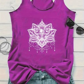 Lotus Graphic Casual Sports Tank Top, Crew Neck Sleeveless Shirts, Women's Summer Tops Lotus Graphic Casual Sports Tank Top, Crew Neck Sleeveless Shirts, Women's Summer Tops