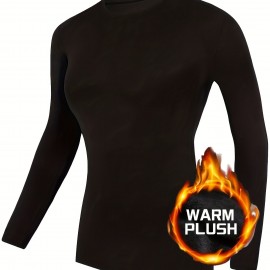 Fleece Liner Comfy Sports T-Shirt, Round Neck Long Sleeves Solid Color Sporty Tee, Women's Activewear Fleece Liner Comfy Sports T-Shirt, Round Neck Long Sleeves Solid Color Sporty Tee, Women's Activewear