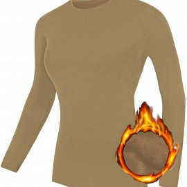 Fleece Liner Comfy Sports T-Shirt, Round Neck Long Sleeves Solid Color Sporty Tee, Women's Activewear Fleece Liner Comfy Sports T-Shirt, Round Neck Long Sleeves Solid Color Sporty Tee, Women's Activewear