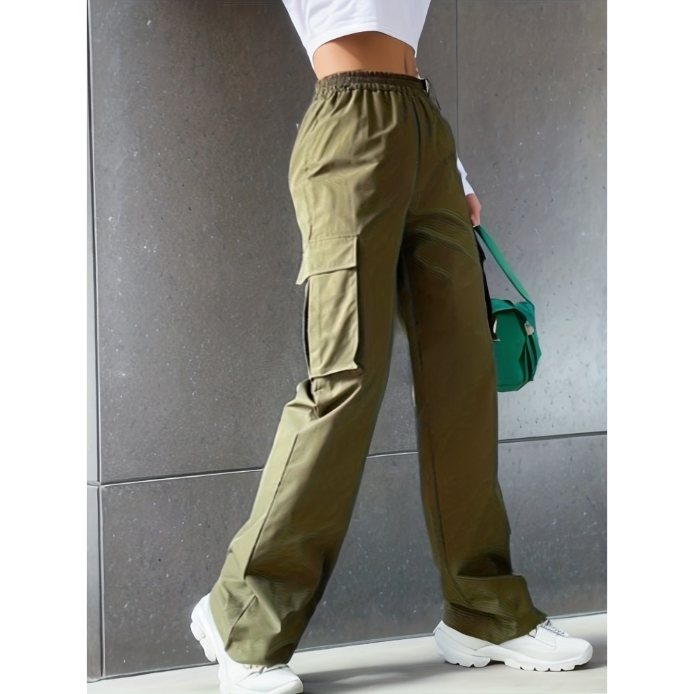 Solid Flap Pockets Wide Leg Cargo Pants, Loose Plicated Hem Straight Leg Sweatpants, Women's Clothing Solid Flap Pockets Wide Leg Cargo Pants, Loose Plicated Hem Straight Leg Sweatpants, Women's Clothing