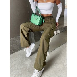 Solid Flap Pockets Wide Leg Cargo Pants, Loose Plicated Hem Straight Leg Sweatpants, Women's Clothing Solid Flap Pockets Wide Leg Cargo Pants, Loose Plicated Hem Straight Leg Sweatpants, Women's Clothing
