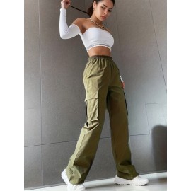 Solid Flap Pockets Wide Leg Cargo Pants, Loose Plicated Hem Straight Leg Sweatpants, Women's Clothing Solid Flap Pockets Wide Leg Cargo Pants, Loose Plicated Hem Straight Leg Sweatpants, Women's Clothing