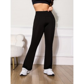 High Stretchy Soft Solid Sports Flare Pants, Butt Lifting Slim Running Yoga Flared Leggings With Pocket, Women's Activewear High Stretchy Soft Solid Sports Flare Pants, Butt Lifting Slim Running Yoga Flared Leggings With Pocket, Women's Activewear