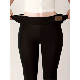 Women's Solid Color Tight-fitting Warm And Comfortable Fleece Leggings, High Elastic Warm Tight Pants For Fall Winter, Women's Activewear Women's Solid Color Tight-fitting Warm And Comfortable Fleece Leggings, High Elastic Warm Tight Pants For Fall Winter, Women's Activewear