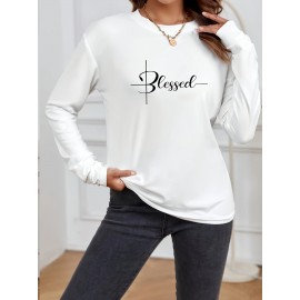 Blessed Print Crew Neck T-shirt, Casual Long Sleeve T-shirt, Women's Clothing Blessed Print Crew Neck T-shirt, Casual Long Sleeve T-shirt, Women's Clothing