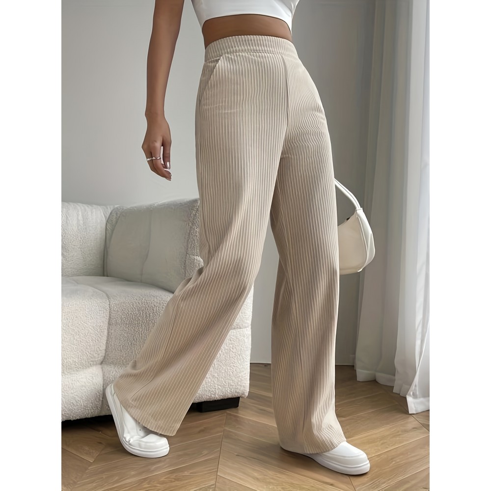 Solid Color Ribbed Casual Pants, Elastic Waist Running Sports Wide Leg Pants, Women's Activewear Solid Color Ribbed Casual Pants, Elastic Waist Running Sports Wide Leg Pants, Women's Activewear