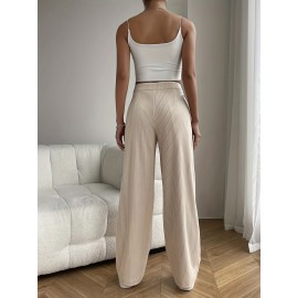 Solid Color Ribbed Casual Pants, Elastic Waist Running Sports Wide Leg Pants, Women's Activewear Solid Color Ribbed Casual Pants, Elastic Waist Running Sports Wide Leg Pants, Women's Activewear