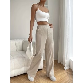 Solid Color Ribbed Casual Pants, Elastic Waist Running Sports Wide Leg Pants, Women's Activewear Solid Color Ribbed Casual Pants, Elastic Waist Running Sports Wide Leg Pants, Women's Activewear