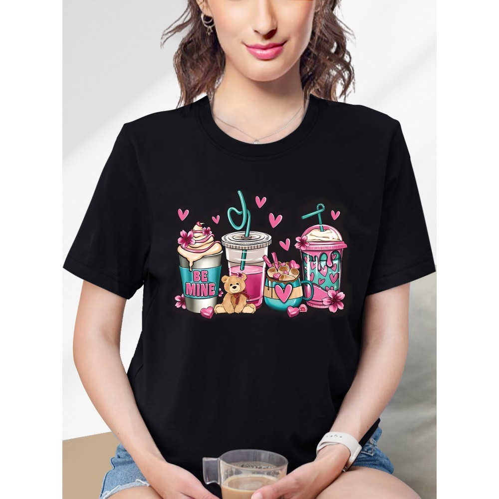 Valentine's Day Coffee Cup & Bear Graphic Round Neck Short Sleeve T-shirt, Casual Sports Fashion Tops, Women's Activewear Valentine's Day Coffee Cup & Bear Graphic Round Neck Short Sleeve T-shirt, Casual Sports Fashion Tops, Women's Activewear
