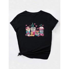 Valentine's Day Coffee Cup & Bear Graphic Round Neck Short Sleeve T-shirt, Casual Sports Fashion Tops, Women's Activewear Valentine's Day Coffee Cup & Bear Graphic Round Neck Short Sleeve T-shirt, Casual Sports Fashion Tops, Women's Activewear