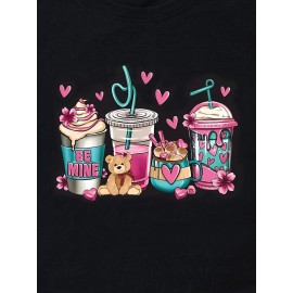Valentine's Day Coffee Cup & Bear Graphic Round Neck Short Sleeve T-shirt, Casual Sports Fashion Tops, Women's Activewear Valentine's Day Coffee Cup & Bear Graphic Round Neck Short Sleeve T-shirt, Casual Sports Fashion Tops, Women's Activewear