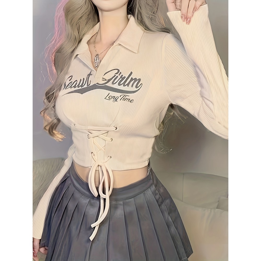 Letter Print Tie Front Collared Crop T-Shirt, Casual Long Sleeve Top For Spring & Fall, Women's Clothing Letter Print Tie Front Collared Crop T-Shirt, Casual Long Sleeve Top For Spring & Fall, Women's Clothing