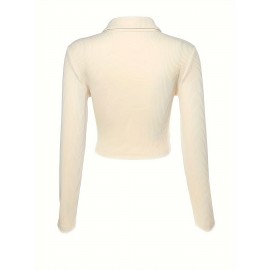 Letter Print Tie Front Collared Crop T-Shirt, Casual Long Sleeve Top For Spring & Fall, Women's Clothing Letter Print Tie Front Collared Crop T-Shirt, Casual Long Sleeve Top For Spring & Fall, Women's Clothing