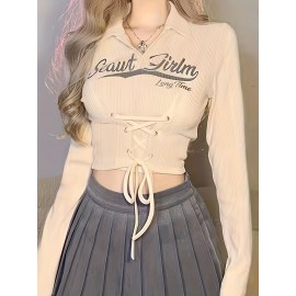 Letter Print Tie Front Collared Crop T-Shirt, Casual Long Sleeve Top For Spring & Fall, Women's Clothing Letter Print Tie Front Collared Crop T-Shirt, Casual Long Sleeve Top For Spring & Fall, Women's Clothing