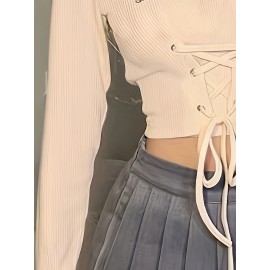 Letter Print Tie Front Collared Crop T-Shirt, Casual Long Sleeve Top For Spring & Fall, Women's Clothing Letter Print Tie Front Collared Crop T-Shirt, Casual Long Sleeve Top For Spring & Fall, Women's Clothing