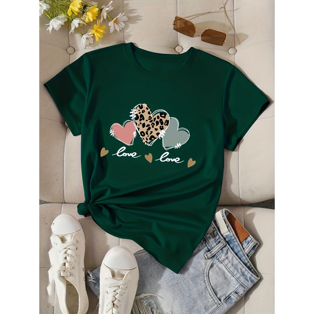 Heart & Letter Print Crew Neck T-Shirt, Casual Short Sleeve T-Shirt For Spring & Summer, Women's Clothing Heart & Letter Print Crew Neck T-Shirt, Casual Short Sleeve T-Shirt For Spring & Summer, Women's Clothing