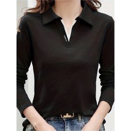 Solid Polo Collar T-Shirt, Casual Long Sleeve Top For Spring & Fall, Women's Clothing Solid Polo Collar T-Shirt, Casual Long Sleeve Top For Spring & Fall, Women's Clothing