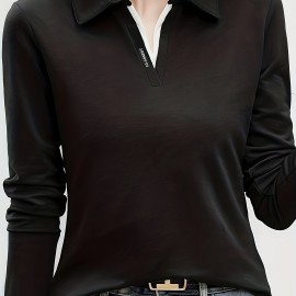 Solid Polo Collar T-Shirt, Casual Long Sleeve Top For Spring & Fall, Women's Clothing Solid Polo Collar T-Shirt, Casual Long Sleeve Top For Spring & Fall, Women's Clothing