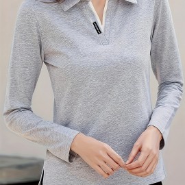Solid Polo Collar T-Shirt, Casual Long Sleeve Top For Spring & Fall, Women's Clothing Solid Polo Collar T-Shirt, Casual Long Sleeve Top For Spring & Fall, Women's Clothing