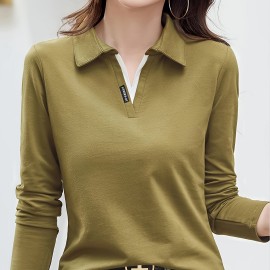 Solid Polo Collar T-Shirt, Casual Long Sleeve Top For Spring & Fall, Women's Clothing Solid Polo Collar T-Shirt, Casual Long Sleeve Top For Spring & Fall, Women's Clothing