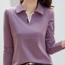 Solid Polo Collar T-Shirt, Casual Long Sleeve Top For Spring & Fall, Women's Clothing Solid Polo Collar T-Shirt, Casual Long Sleeve Top For Spring & Fall, Women's Clothing