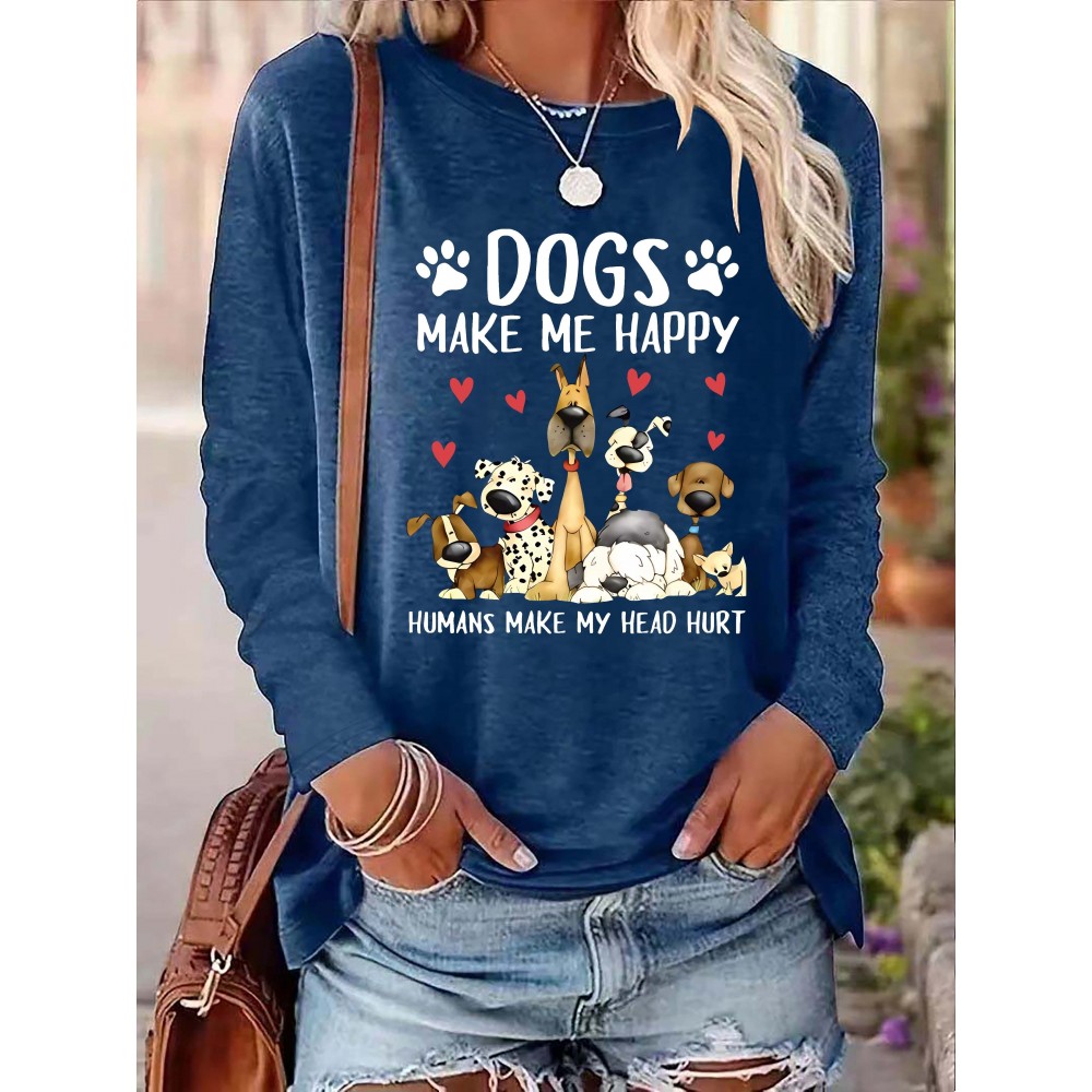 Dog & Letter Print Crew Neck T-Shirt, Casual Long Sleeve Top For Spring & Fall, Women's Clothing Dog & Letter Print Crew Neck T-Shirt, Casual Long Sleeve Top For Spring & Fall, Women's Clothing