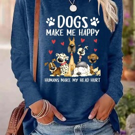 Dog & Letter Print Crew Neck T-Shirt, Casual Long Sleeve Top For Spring & Fall, Women's Clothing Dog & Letter Print Crew Neck T-Shirt, Casual Long Sleeve Top For Spring & Fall, Women's Clothing